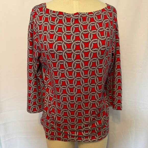 Talbots Red Geometric Print Top Pima Cotton 3/4 Sleeve Women Sz Large - Picture 1 of 5